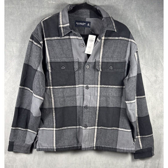 Abercrombie Fitch Flannel Shirt Jacket Shacket Mens M‎ Black Plaid Soft A&F NEW - Picture 1 of 5